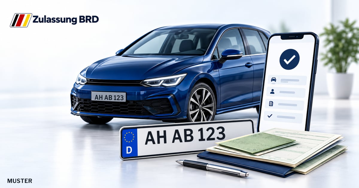 Online Fahrzeugzulassung in Stadtlohn: Musterkennzeichen AH AB 123, Auto und Fahrzeugpapiere und Smartphone. Illustration mit Logo von Zulassung BRD.